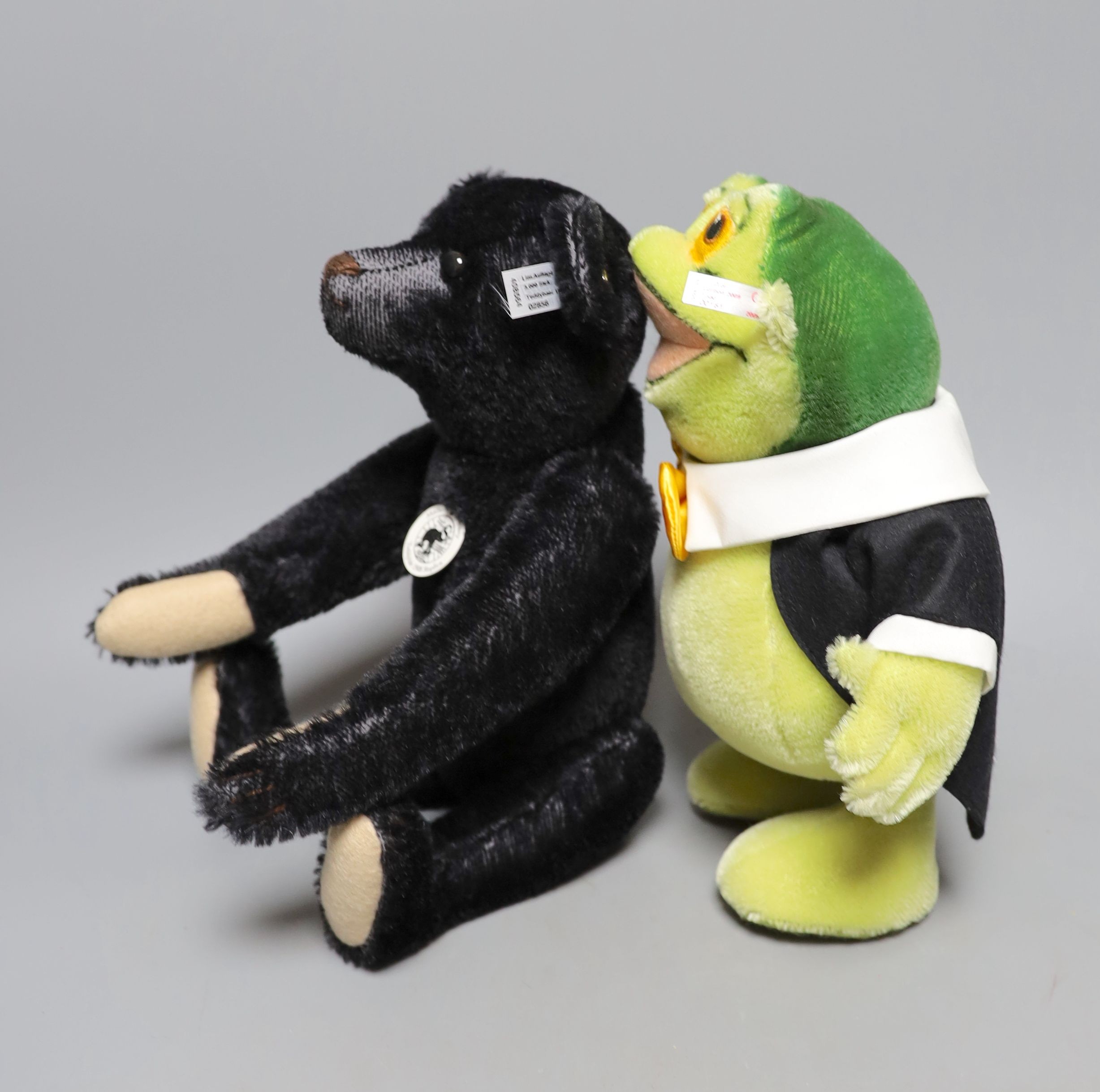 Steiff Black Bear 1908 with box and certificate also Steiff 'Toad of Toad Hall' Danbury Mint, 29 cms high.